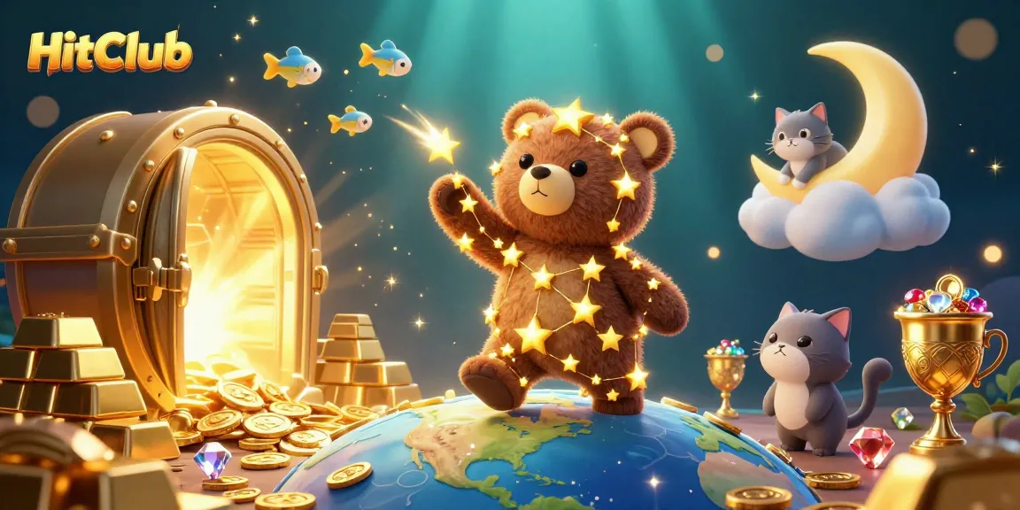 Experience excitement at HitClub with gold coins, treasures, and vibrant character imagery.
