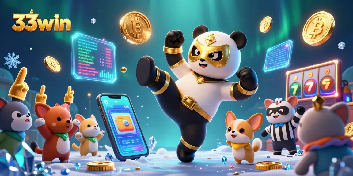 33win casino illustration featuring a panda wrestler kicking while animals cheer with crypto coins