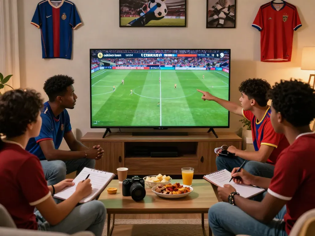 Friends enjoying a live football match on cakhiatv.team in a cozy, sport-themed living room.