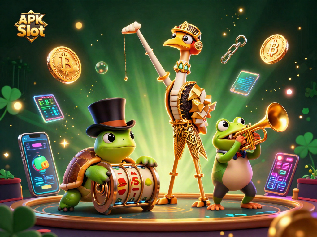Engage with APK Slot action featuring a lively 3D casino scene with vibrant characters and gaming elements.