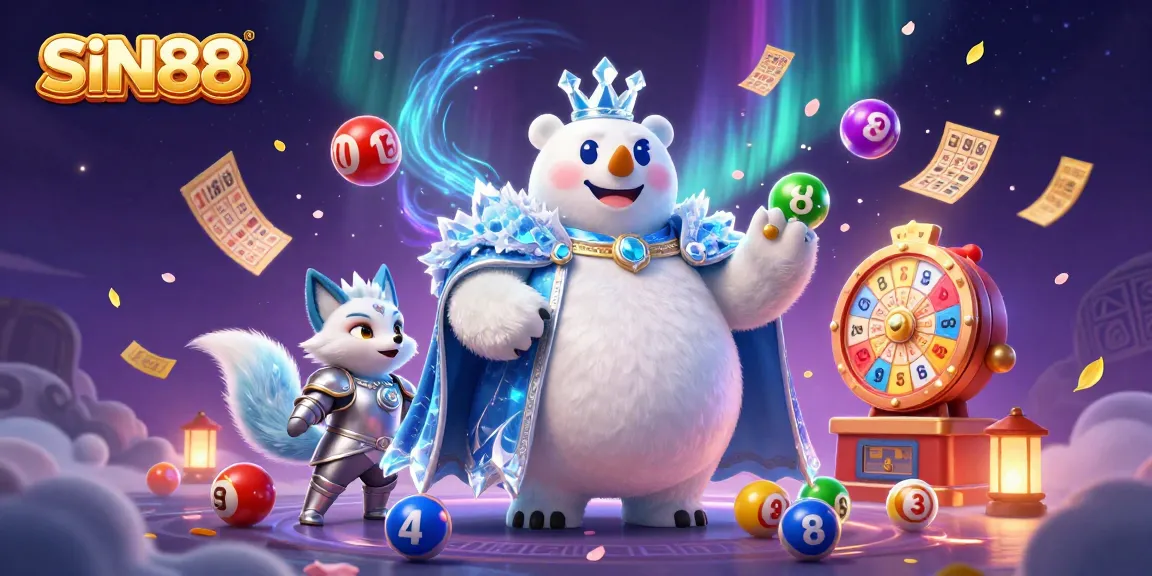 SIN88 Lottery theme featuring a polar bear and snow fox amid bouncing lottery balls and a spinning prize wheel.