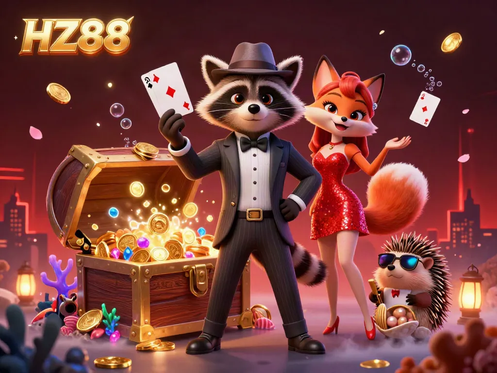 Play exciting casino games at HZ88 with charming characters amid underwater treasures and vibrant decorations.