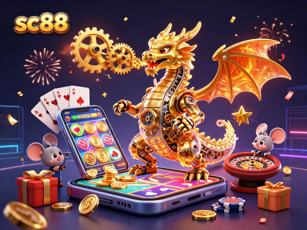 Experience the thrill of sc88 with a vibrant 3D casino scene featuring animated game elements like slot reels and poker chips.