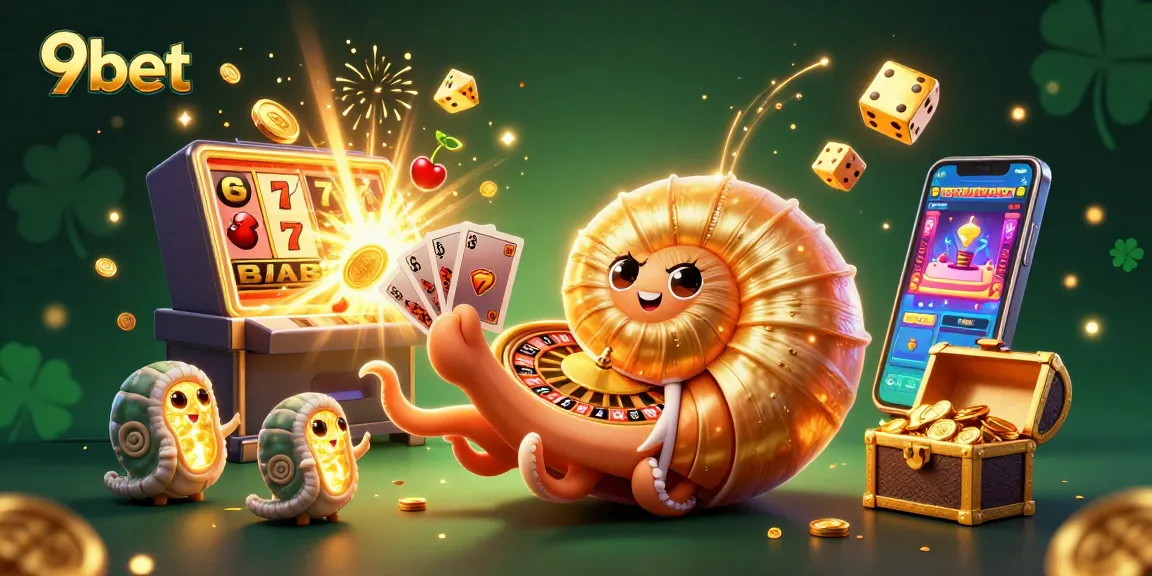 Experience the excitement of 9bet with a dynamic illustration of a casino-themed scene featuring a nautilus roulette wheel.