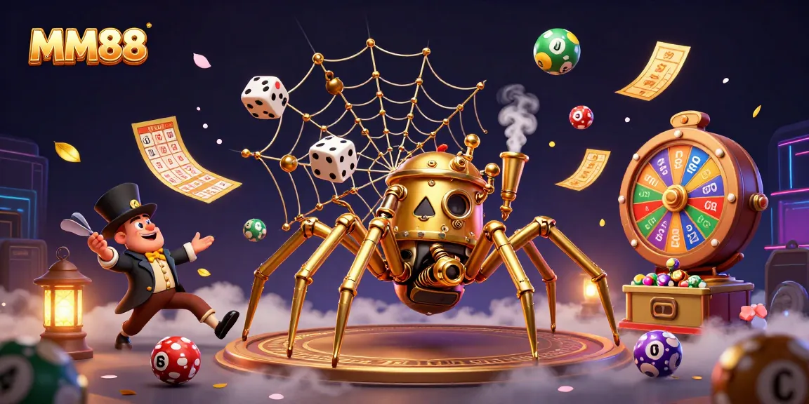 Experience the thrill of MM88 with a vibrant 3D illustration of a golden spider and gambling elements.