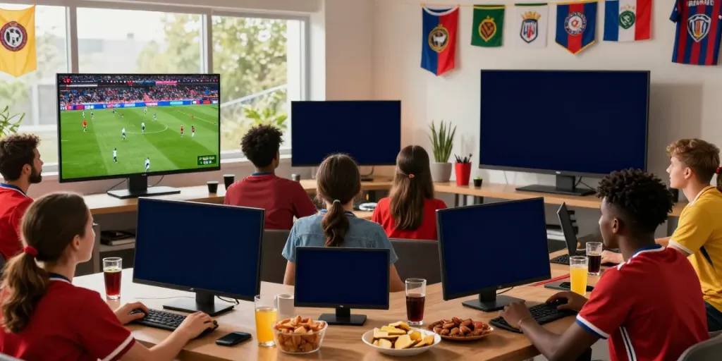 Fans enjoying live football on thapcamtv.ac in an energetic sports lounge.