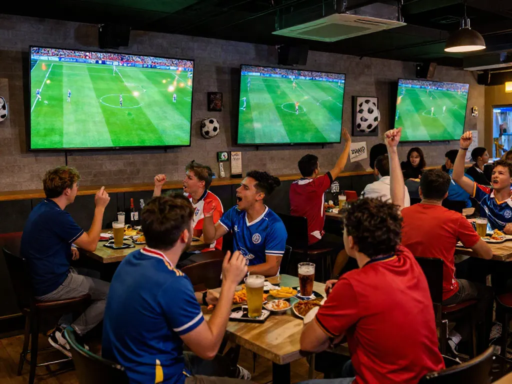 Fans enjoying a lively match at a sports bar, showcasing the excitement of football, representing the spirit of gavangtv.life.