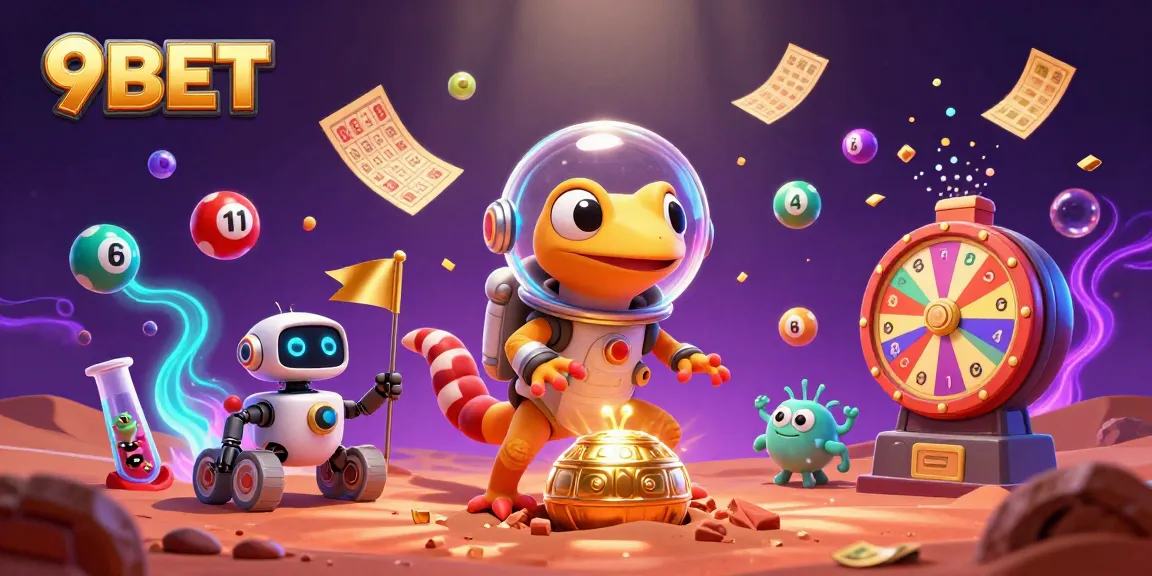 9BET showcases a dynamic casino discovery scene on Mars with animated colorful lottery elements.