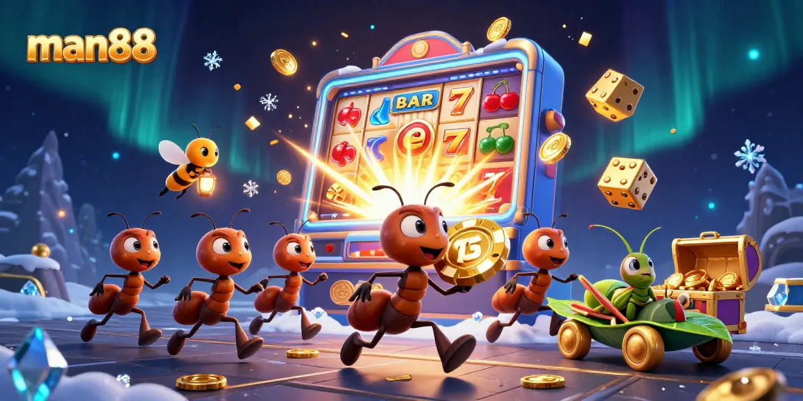 Join the man88 adventure with ants, a firefly, and a grasshopper in a vibrant casino heist scene.