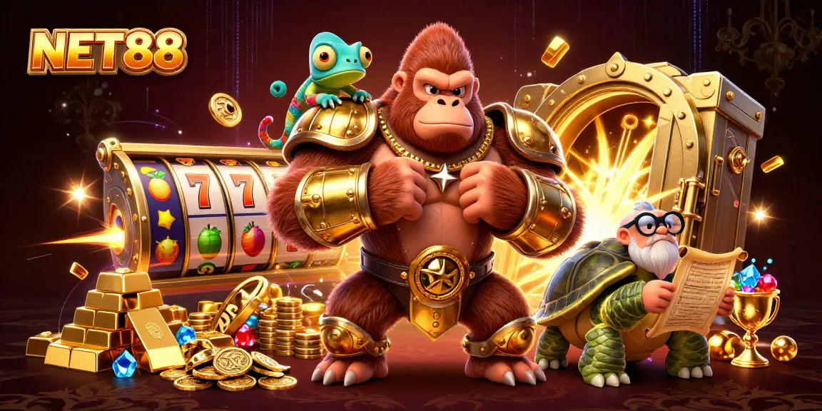 NET88 activates winning spins in this vibrant 3D casino illustration featuring a powerful gorilla king.