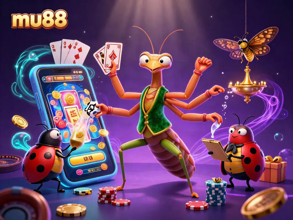 mu88 gaming illustration featuring colorful slots, a card sharp, and a ladybug pit boss