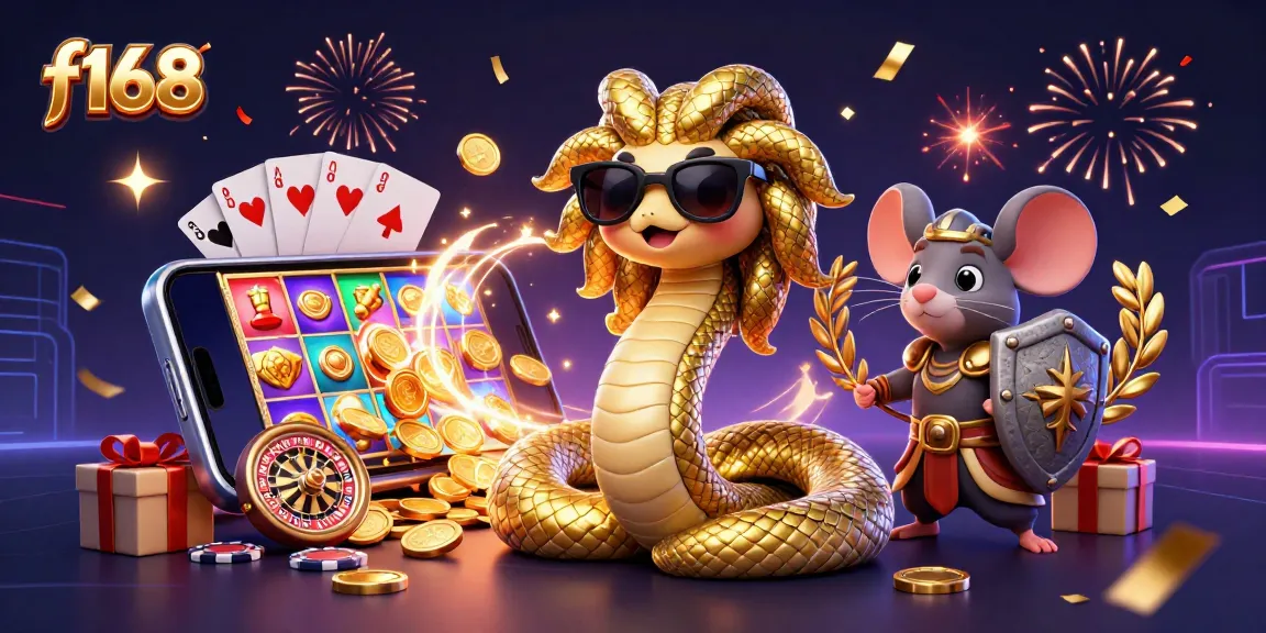 Win exciting prizes at f168 with colorful slots, golden coins, and dynamic casino elements.