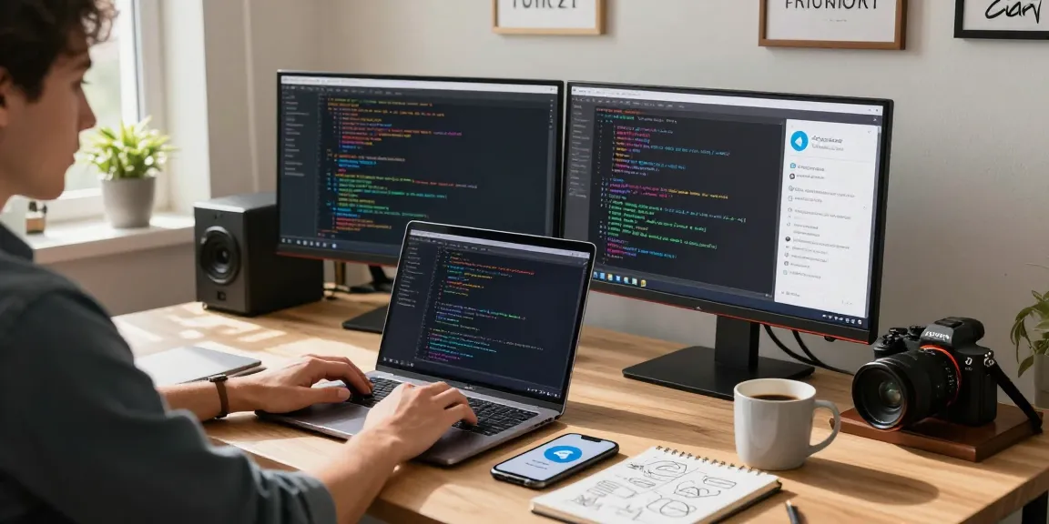 Download Telegram in a modern workspace with developer coding on a laptop, showcasing productivity and tech integration.