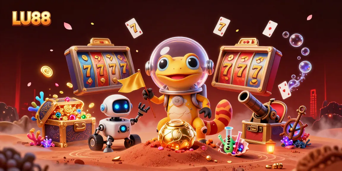 Engage with LU88's thrilling casino experience depicted through colorful slot reels and energetic Martian characters.