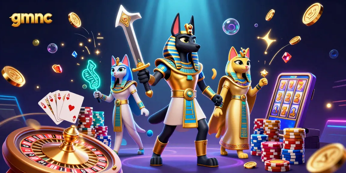 Bet on vibrant treasures with gmnc: Anubis and Bastet heralding a casino adventure.