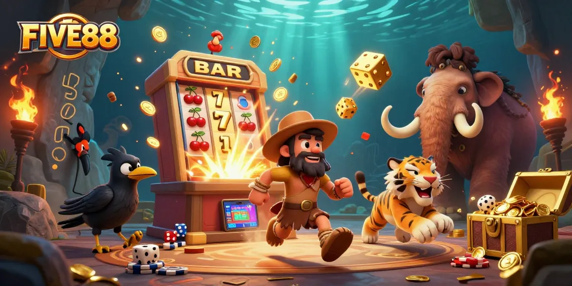 FIVE88 captivates players with an ultra-detailed 3D casino scene featuring a caveman duo and a crow.