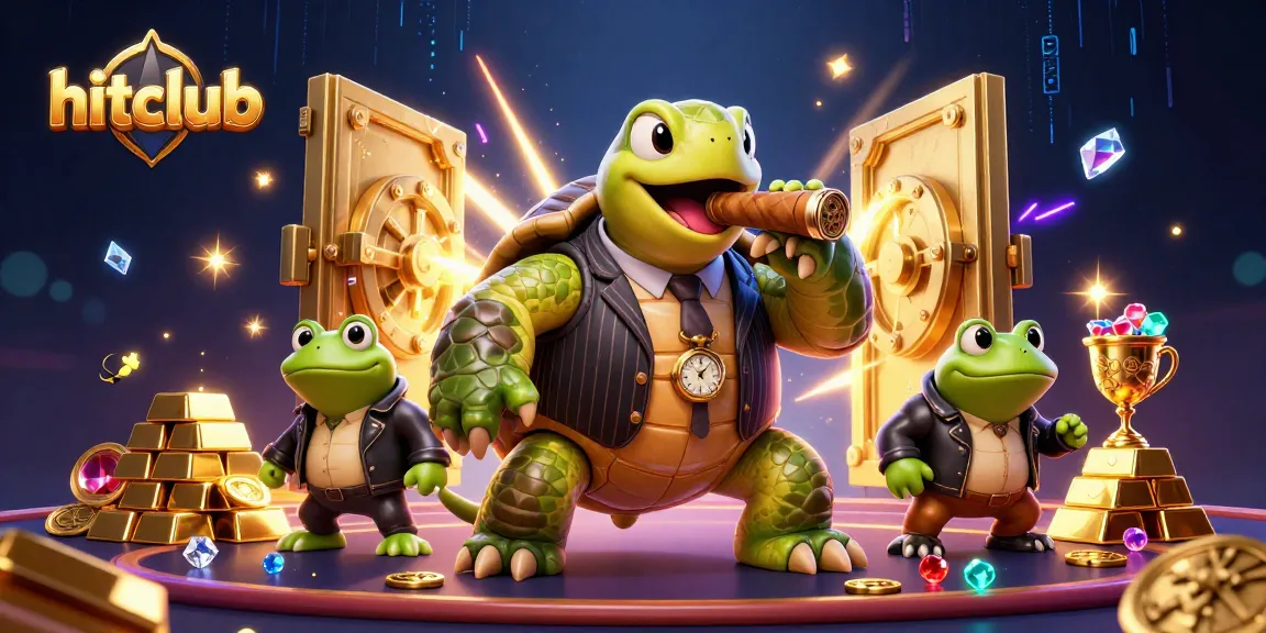 Experience winning with hitclub as a cartoon turtle in a mobster suit and bullfrog enforcers in a dazzling casino scene.