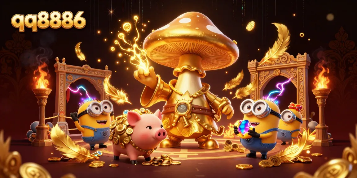 Join the excitement at qq8886 with golden wizardry and enchanting treasures in this vibrant casino scene!