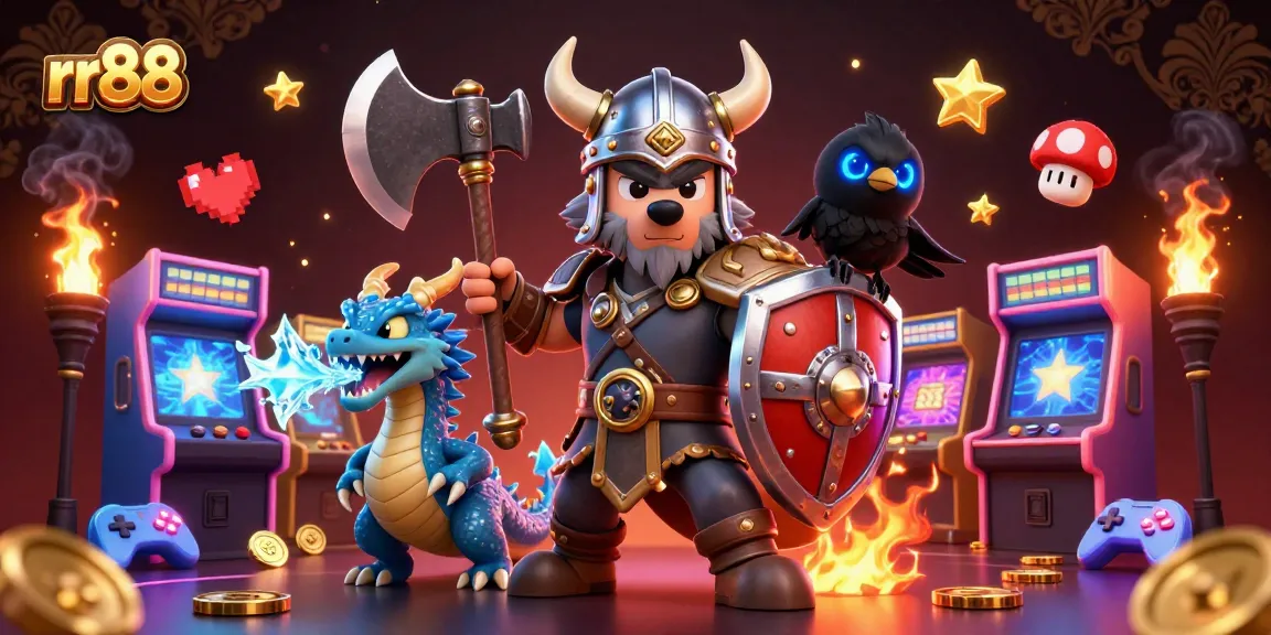 rr88 promotes excitement with a Viking warrior, ice dragon, and animated game elements in a rich casino illustration.