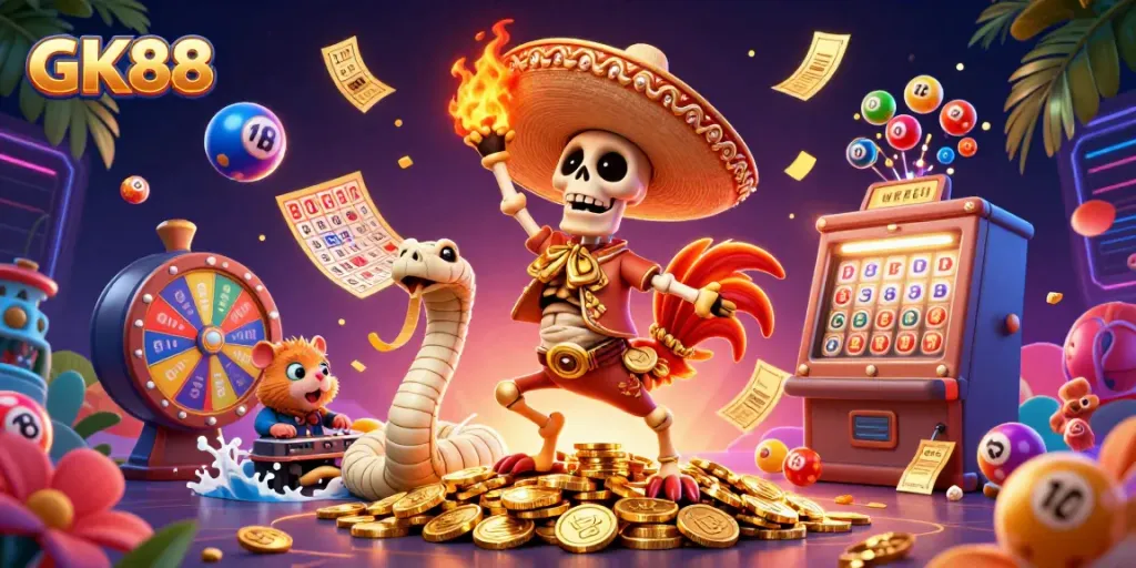 Engage in an electrifying GK88 lottery scene with colorful balls and characters celebrating wealth.