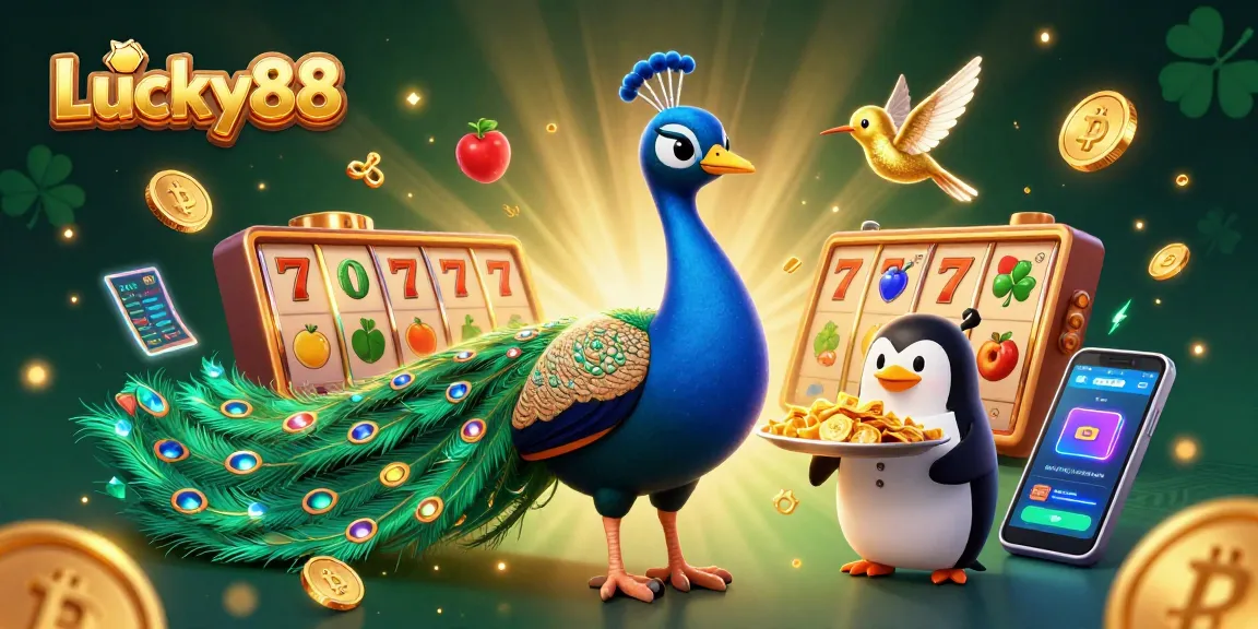 Experience the vibrant Lucky88 slot reels with an aristocratic peacock amidst glowing cryptocurrency elements.