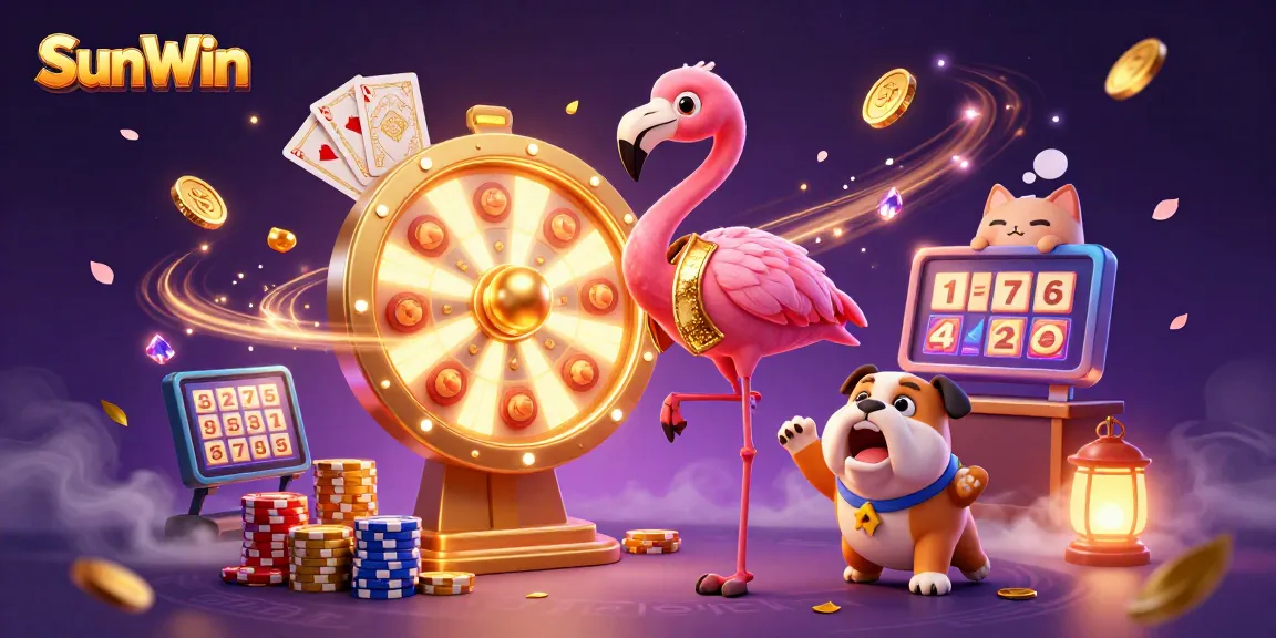 Win big at SunWin with an exciting game show scene featuring vibrant characters and casino elements.