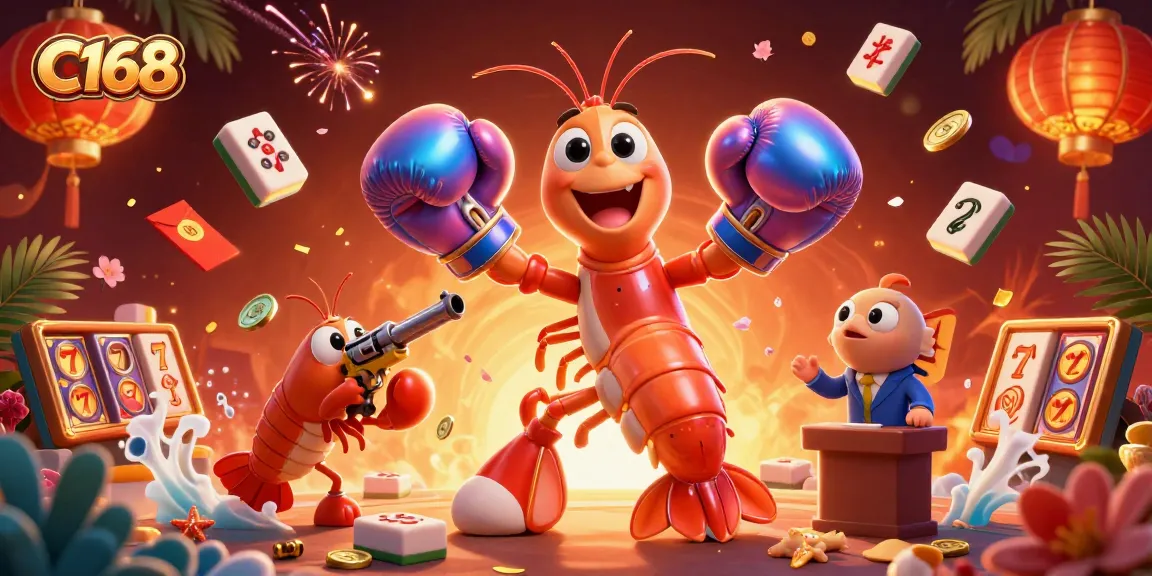 C168 features a dynamic 3D casino scene with triumphant shrimp characters amidst colorful gambling elements.