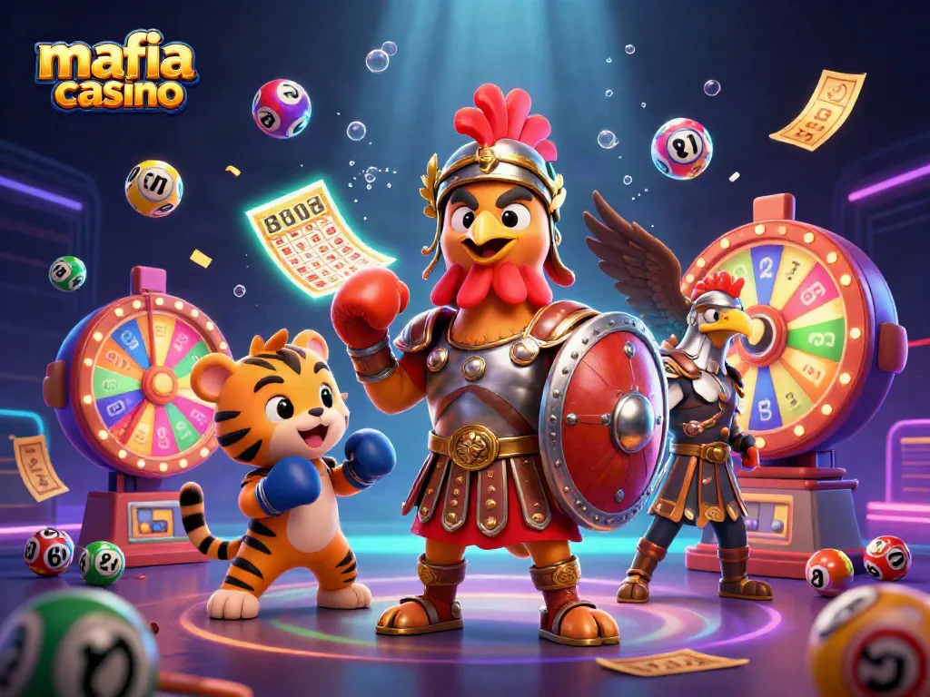 Mafia casino scene with a gladiator rooster and a tiger cub, showcasing exciting gaming elements and vibrant colors.