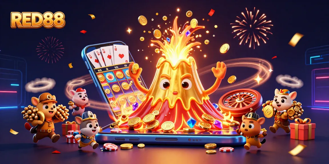 Experience the thrill of RED88 with a golden volcano and treasure-fleeing animals in a festive casino atmosphere.