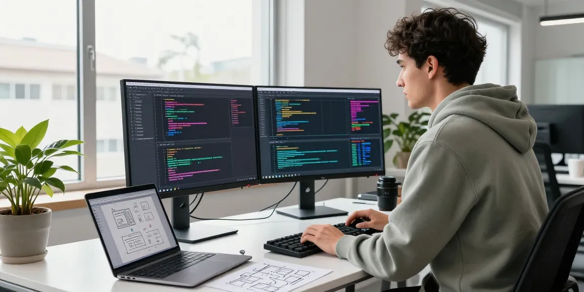 Dynamic coding environment showcasing machine learning tools with dual monitors, laptop, and vibrant workspace elements.
