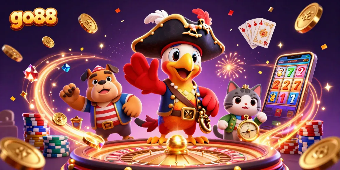 Engage with go88's exciting games as pirate characters celebrate winning spins and jackpots.