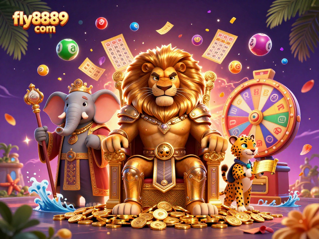 Engage with fly8889 com's 3D casino scene featuring characters and vibrant gaming elements.