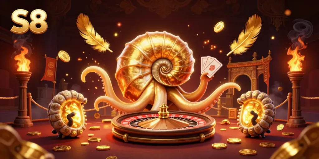 Place your bets with S8's thrilling casino experience featuring a golden roulette wheel.
