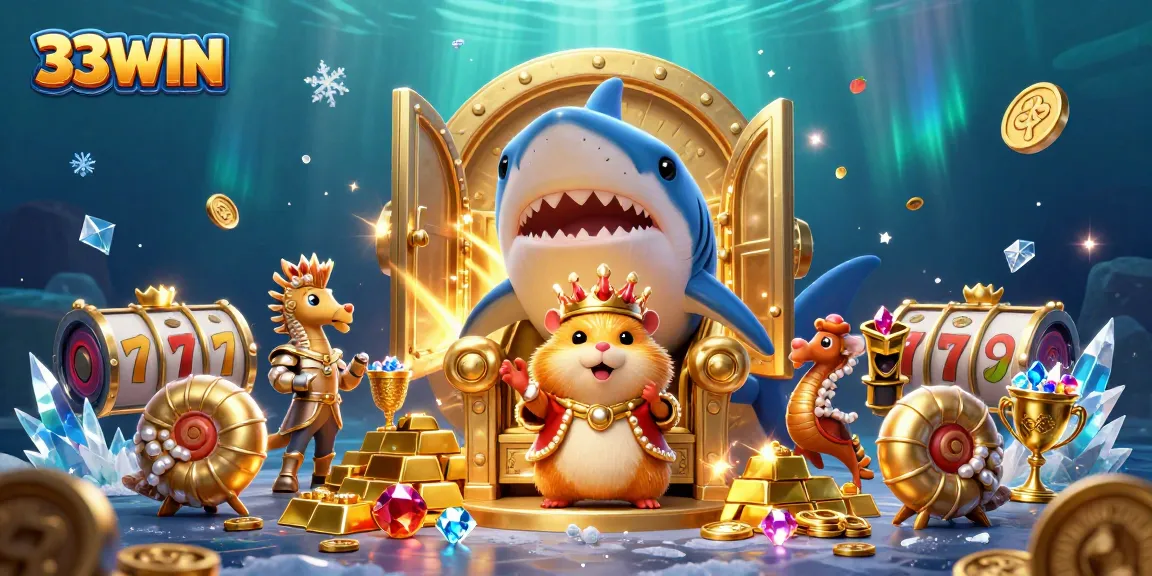 Engage with the vibrant scene of a golden hamster king on a megalodon throne in 33WIN's casino!