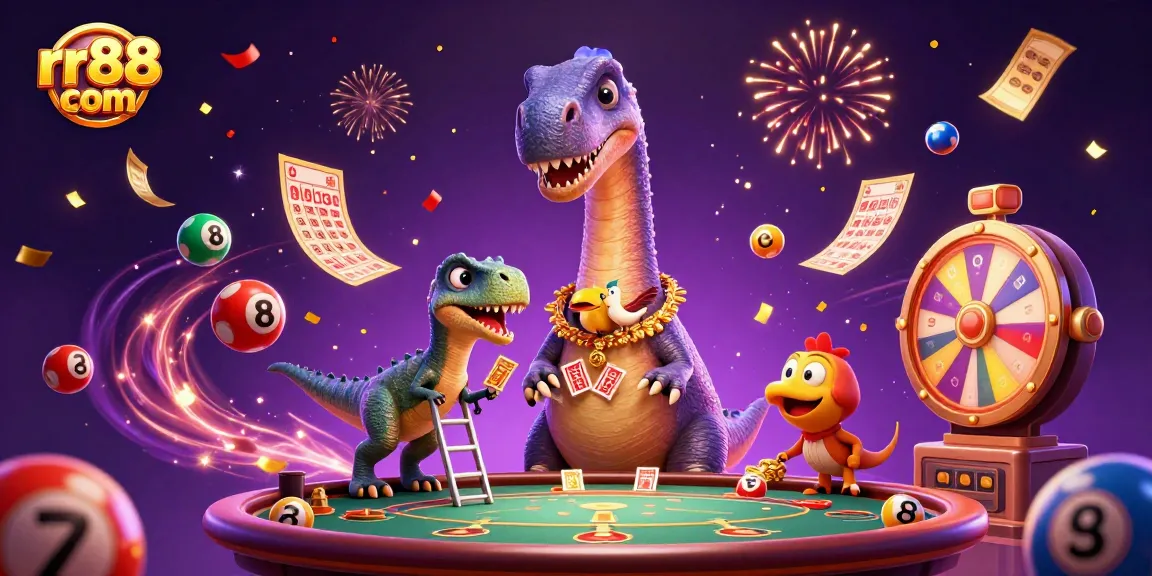 Win big with rr88 com in a vibrant casino scene featuring dinosaurs playing cards.