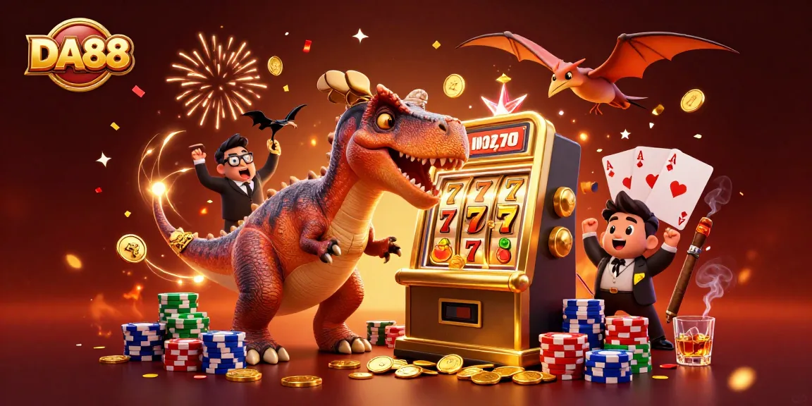 DA88's mega win illustration with dinosaurs and slot machines showcases casino excitement.