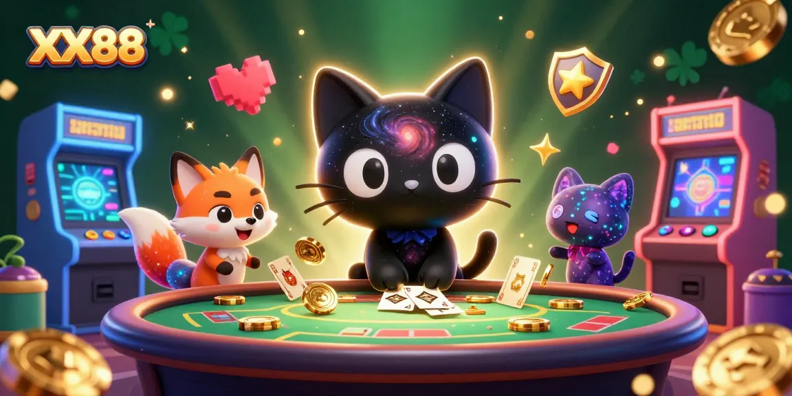 Win big at XX88's cosmic casino table with a black hole cat and nebula fox pulling in golden chips!