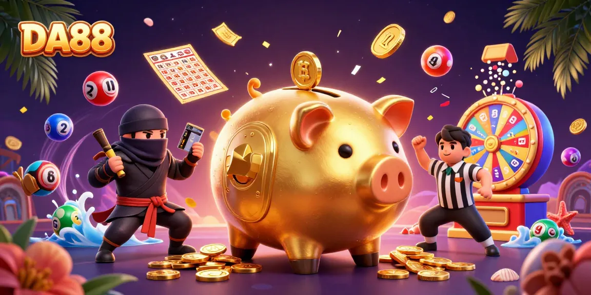 DA88 casino fun with cartoon piggy bank wrestler, ninja, and samurai amidst vibrant gambling action.