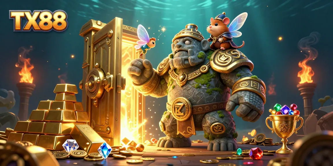 Experience the magic of TX88 with a fairytale scene featuring a golem, fairy, and knight amidst treasure.
