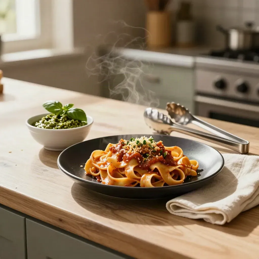 Tagliatelle al ragù e pesto in cucina calda, con pinza in acciaio e vapore.