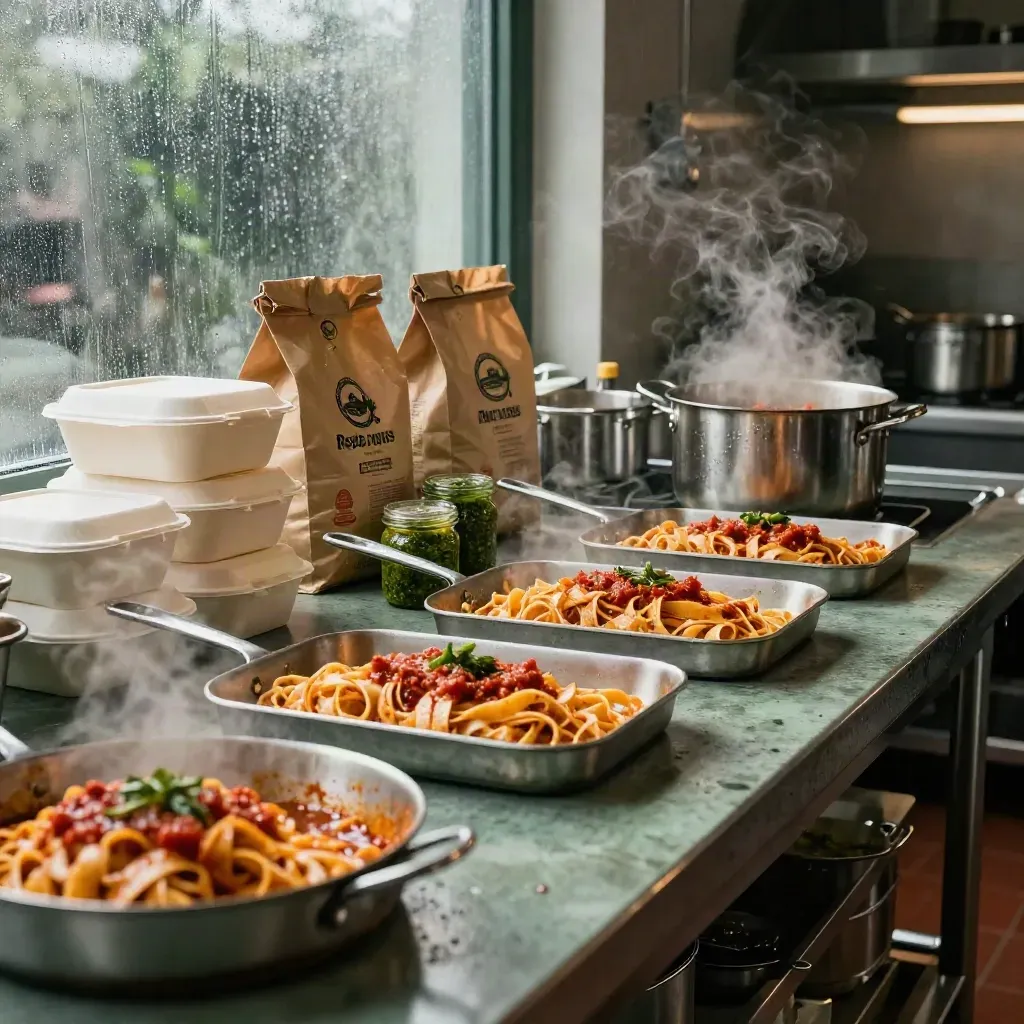 Cucina di Pasta Express con tagliatelle al ragù, box pranzo, pesto e vapore sotto la pioggia.