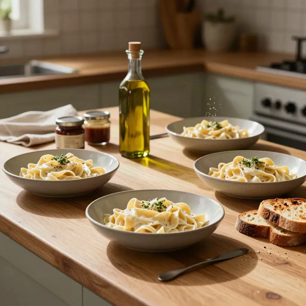 Quattro piatti di pasta, pane croccante e salse pronti in una cucina calda
