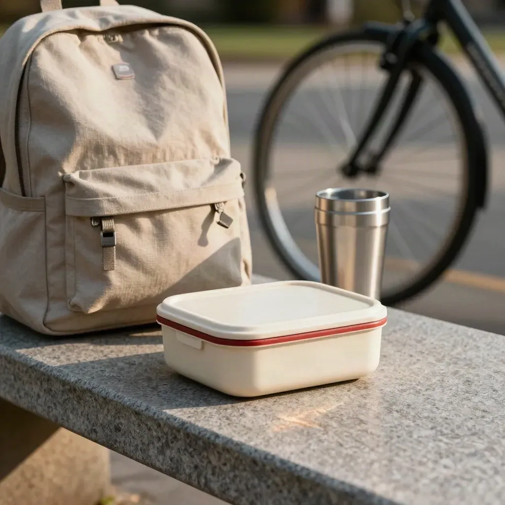 Box pranzo, zaino chiuso, tazza termica e bici sfocata su panca di pietra al campus.