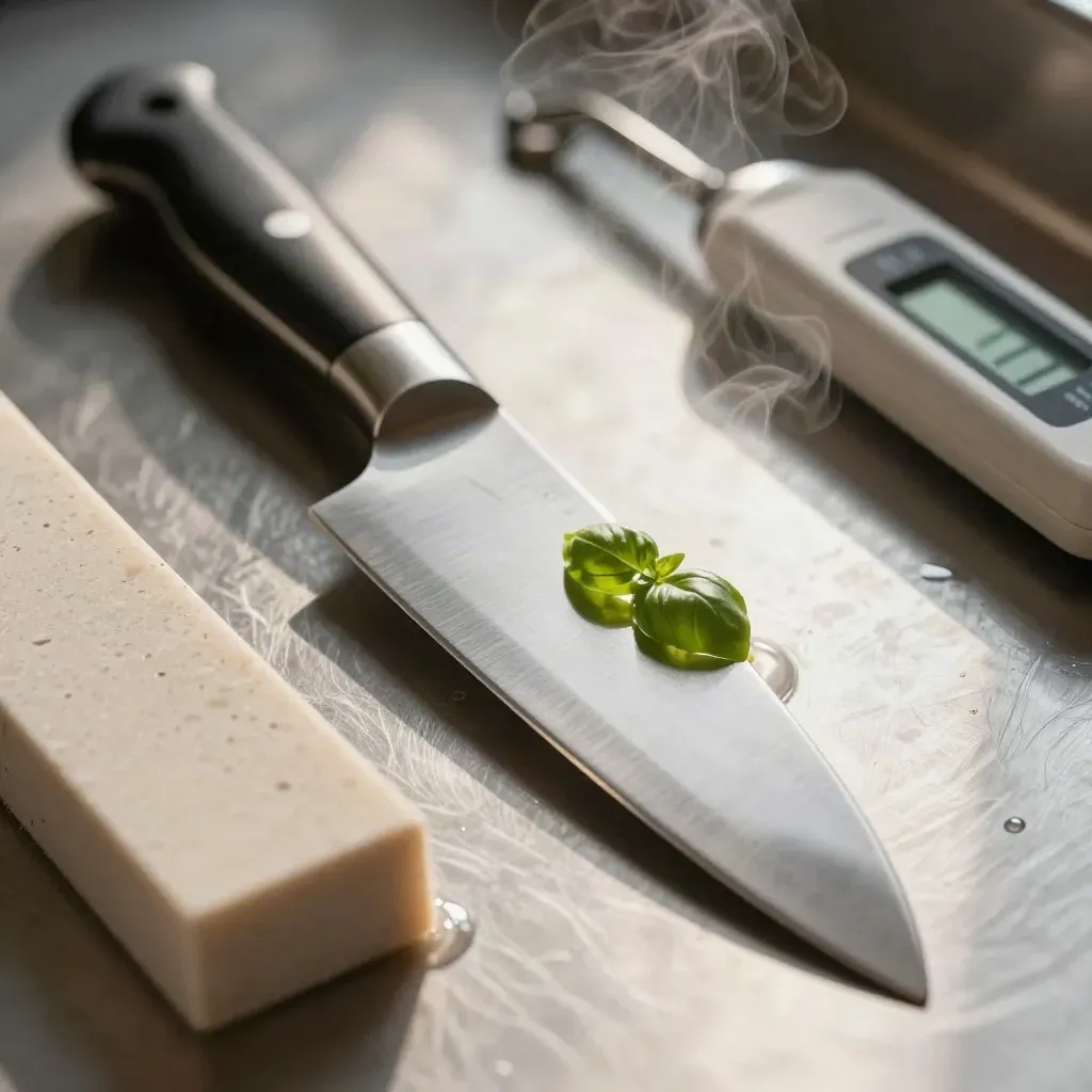 Coltello, termometro digitale e pietra affilacoltelli su acciaio satinato con vapore e basilico