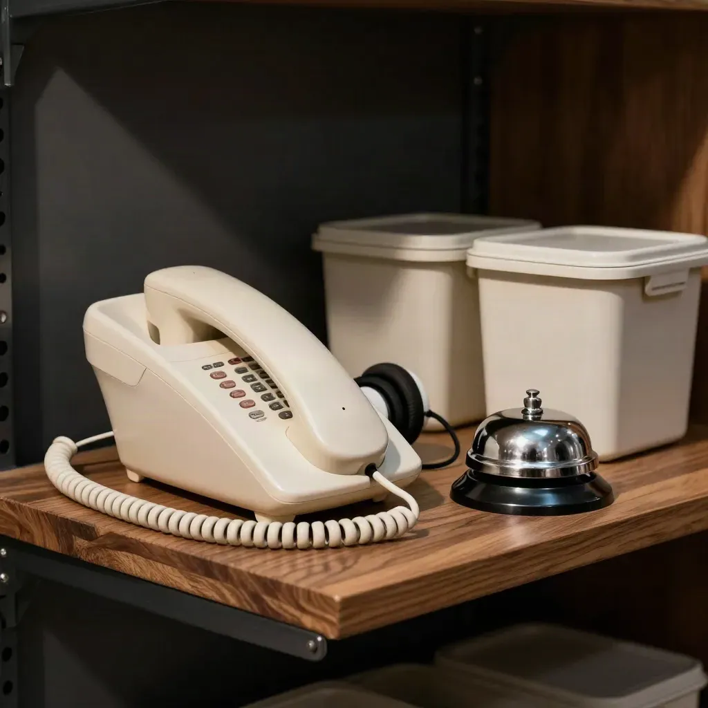 Telefono cordless, headset, campanello d’acciaio e contenitori d’ordine su mensola di legno scuro.