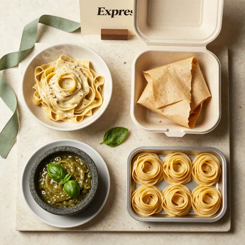 Dall’alto, quattro campioni di pasta su pietra chiara per scegliere il menu.
