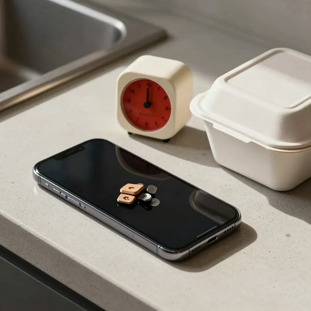 Telefono spento, chiavi, timer e contenitore sigillato su piano in pietra, luce morbida.