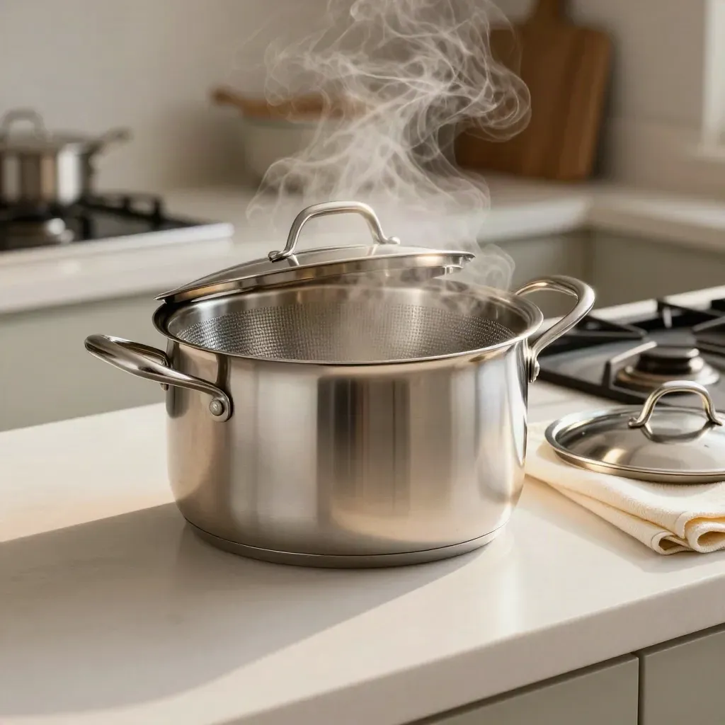 Pentola in acciaio con cestello e vapore su piano cucina chiaro