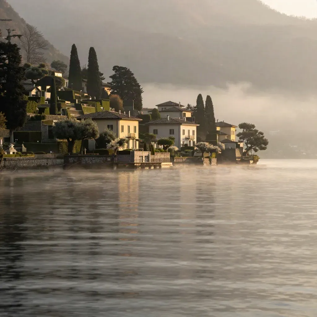 Lago di Como al mattino, ville alte nella foschia e acqua calma per il copy