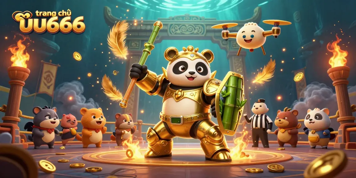 Bet on fun experiences at trang chủ uu666 with an animated panda fighting robot in a vibrant arena.